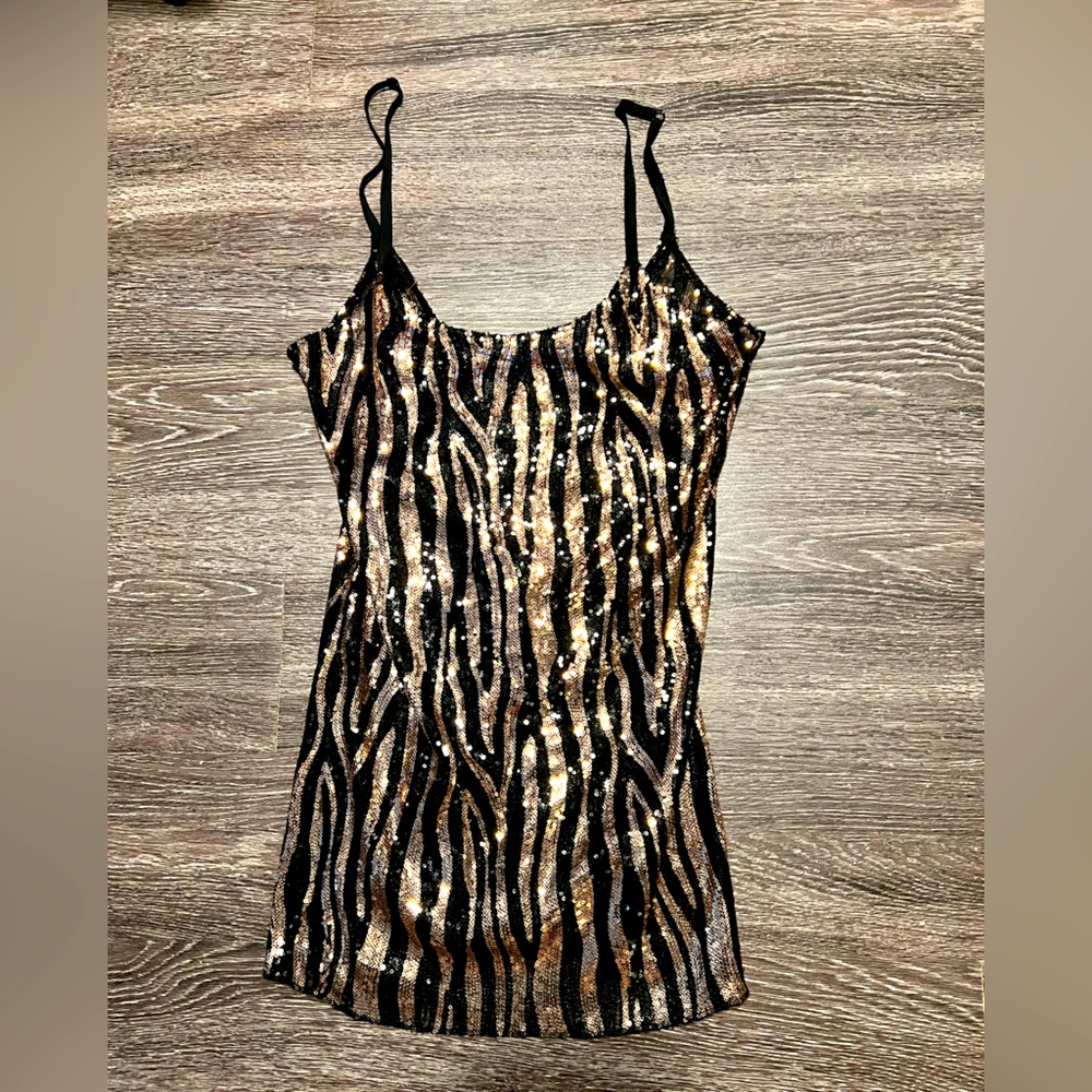 Intimately by Free People Black and Gold Fitted Sequin slip dress